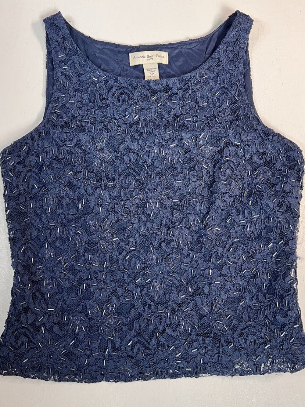 Amanda Smith Petite 4P Navy Beaded Lace Sleeveless Evening Party Top